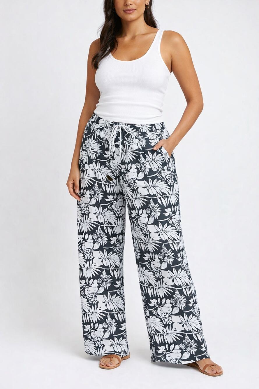 Womens Rayon Tropical Floral Wide-Leg Pull On Palazzo Pants Sz L Drawstring